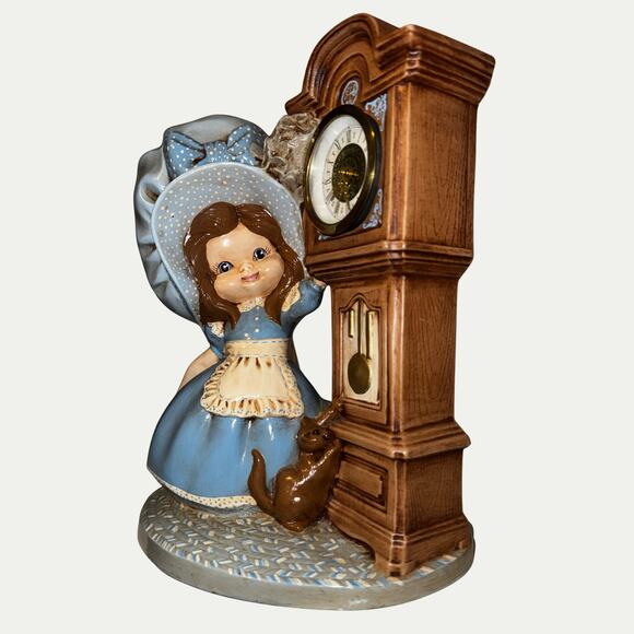 Vintage 1971 Byron Mold Girl with Grandfather Clock Figurine, Blue Bonnet Decor - Picture 1 of 13